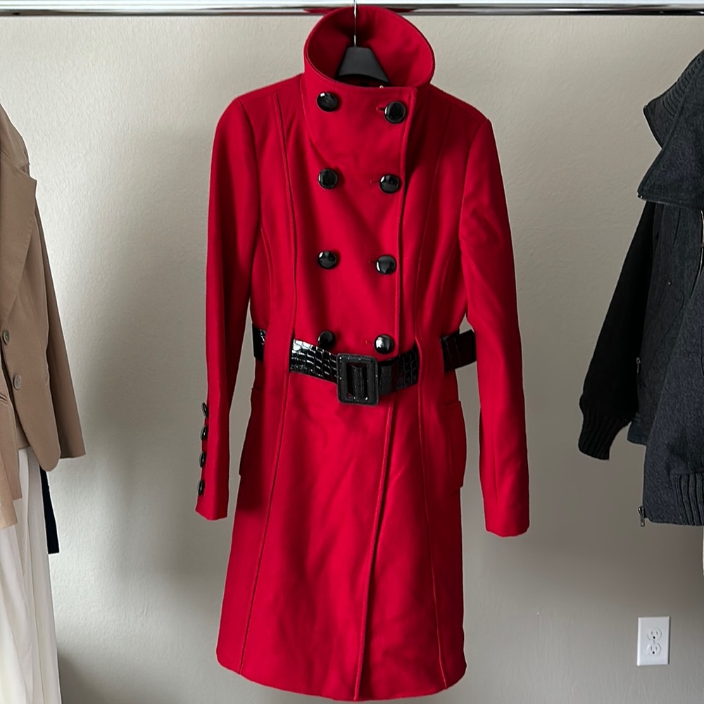 Guess long red coat with removable black belt size S/P